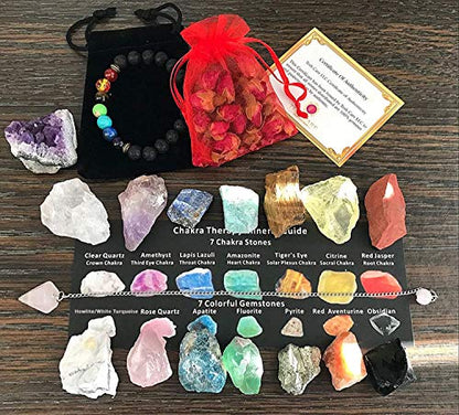 Tesh Care Chakra Therapy Starter Collection 17 pcs Healing Crystals kit, 7 Raw Chakra Stones,7 Colorful Gemstones, Amethyst,Rose Quartz Pendulum,Chakra Lava Bracelet,Dry Roses,Guide,COA,Gift Ready