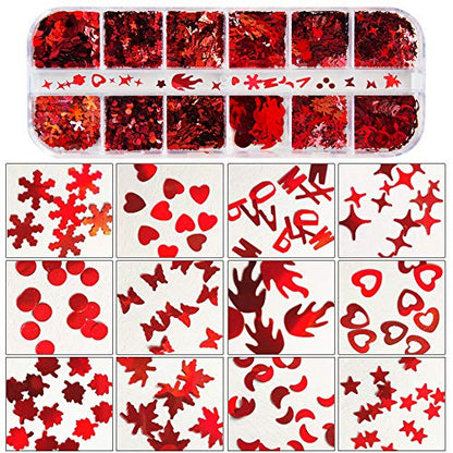 Valentine's Day 3D Red Holographic Nail Sequins, Butterfly Star Moon Assorted Pattern Flakes Glitter
