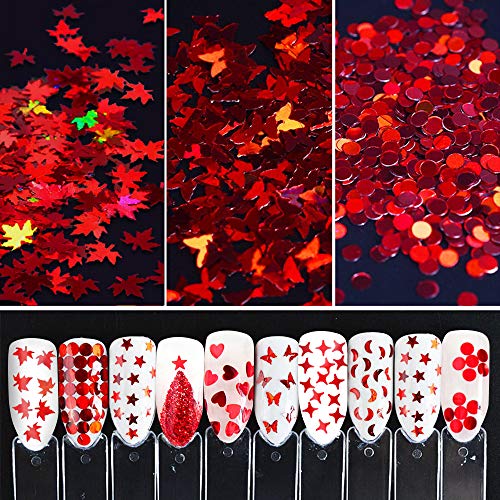 Valentine's Day 3D Red Holographic Nail Sequins, Butterfly Star Moon Assorted Pattern Flakes Glitter