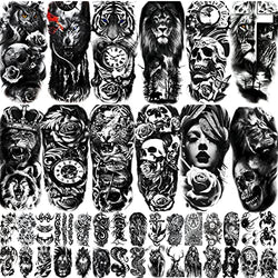 JEEFONNA 42 Sheets Temporary Tattoo for Men Women Adults, Include 12 Sheets Large Black 3D Realistic Tattoos Half Sleeve Temporary Tattoos, Lion Wolf Tiger Skull Skeleton Fake Tattoos Stickers