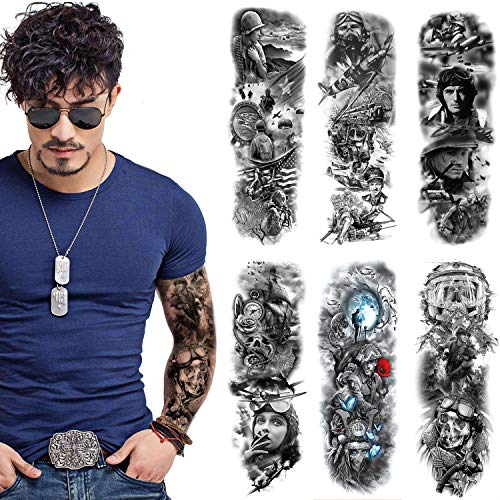 Militray Tattoo Sleeve Black Fake War Tattoo Full Arm Sleeve Temporary Tattoo 6 Sheet
