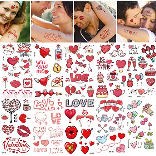 Valentine's Day Temporary Tattoos Stickers, Love Heart Tattoo stickers decal, Mixed Style Valentines Romantic Face Tattoo Sticker, Waterproof Tattoo Stickers or Kids Girls Boys Party Decoration Supplies for Valentines Party, Wedding (10 sheets)