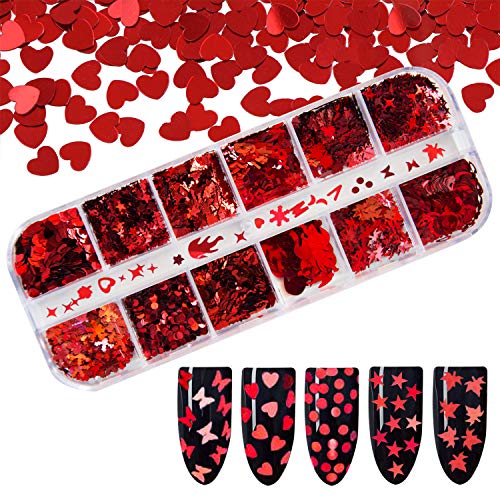 Valentine's Day 3D Red Holographic Nail Sequins, Butterfly Star Moon Assorted Pattern Flakes Glitter, for Women Nail Art Design DIY Decoration Resin Molds DIY