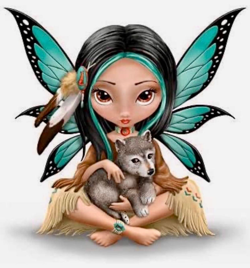Strangeling Fairy Native American Indian Butterfly with Baby Wolf Diamond Painting 12 x 12 or 16 x 16 Inch Paint by Number Kit