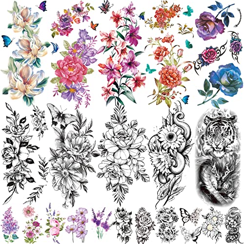 Large Flowers Temporary Tattoos21 Sheets Waterproof Fake Tattoos Rose Peony Body Art Arm Tattoo