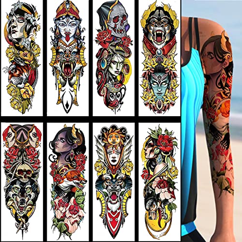 Temporary Tattoos for Adult Women 8 Sheets Full Arm Beauty and the Beast Personality Flower Arm Skull Devil Wolf Tattoo Sticker