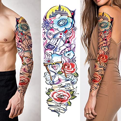 2 Sheets Full Sleeve Temporary Tattoos-Large Waterproof Black Long Full Arm Temp Fake Tattoos Sticker For Adults Women Kids Man Halloween Masquerade Fashion Body Art With Realistic Colorful Sandglass Roses Pattern