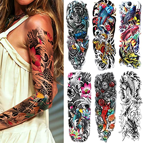 Fake Fish Sleeve Tattoo Stickers, 6-Sheet Full Arm Fish Flower Temporary Tattoos Sleeves