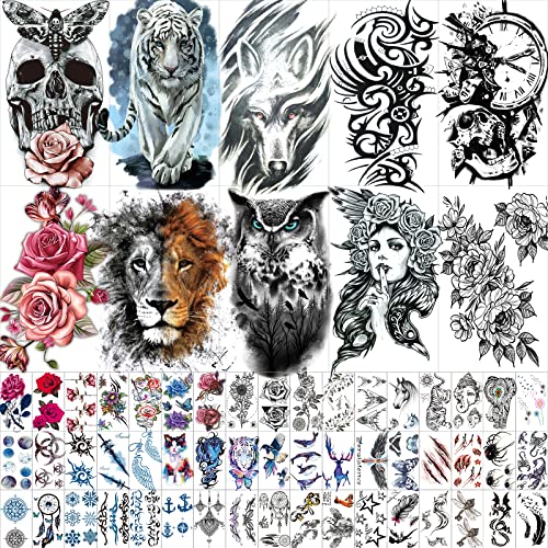 62 Sheets Black Large Temporary Tattoos Stickers for Women Men and Girl, Includes 10 Large Fake Tattoos That Look Real and Last Long