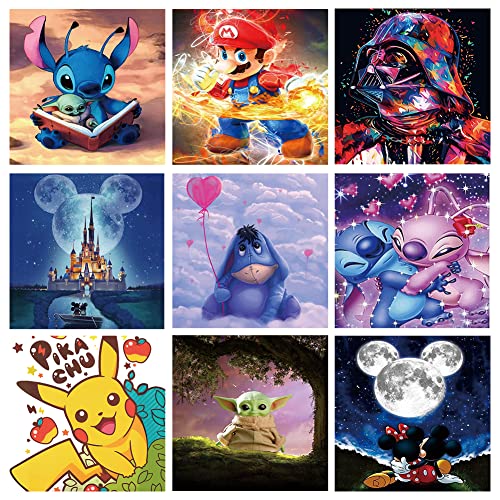Star Wars and Other Cartoon Mega Collection Set of 9 Round Full Drill Crystal Rhinestone 5D Diamond DIY Crafts for Home Wall Decor (12x12inch)