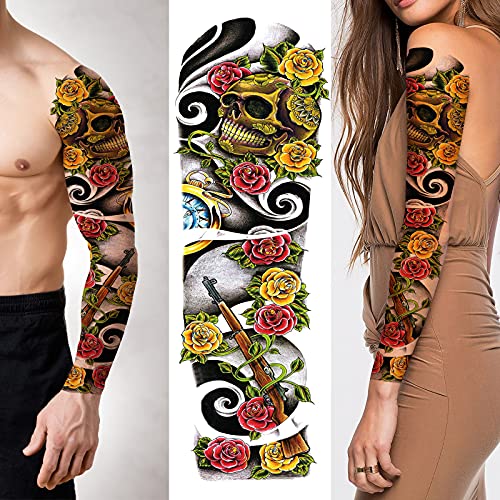 2 Sheets Full Arm Temporary Tattoos -Waterproof Fake Tattoos With Realistic Skull Flower Clock Gun Pattern Old School Body Art For Men Women Cute Leg Sleeve Tattoos Stickers For Adults Kids That Look Real