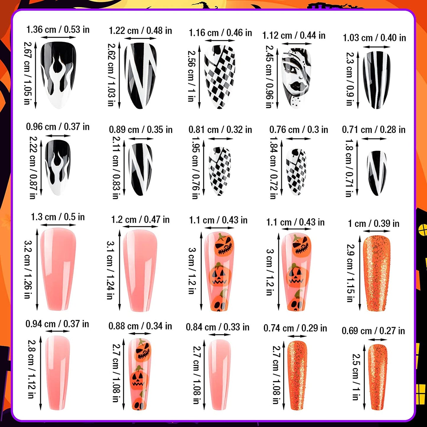 Halloween Press on Nails, Gothic Skull Cross Black False Nails Orange Pumpkins Reusable Glossy Halloween Fake Nail Designs 96 Piece Set