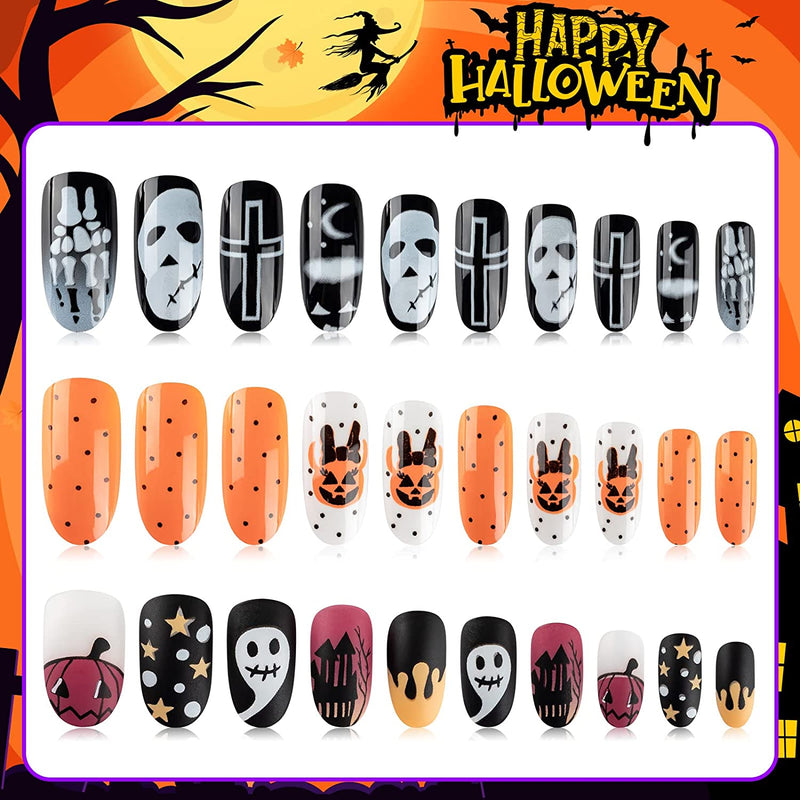 Halloween Press on Nails, Gothic Skull Cross Black False Nails Orange Pumpkins Reusable Glossy Halloween Fake Nail Designs 72 Piece Set