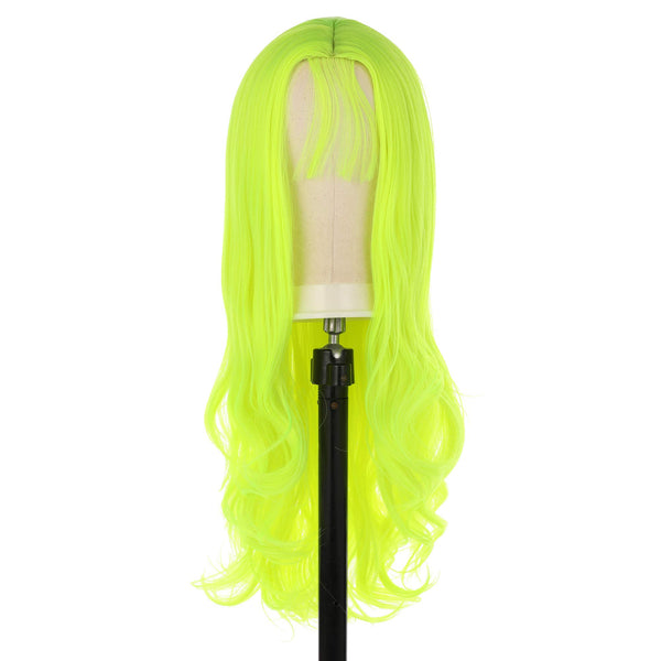 Fluorescent Green Synthetic Wigs for Women Soft Green Long Body Wave Hair Wig with Baby Hair Glueless Heat Resistant Fiber Hair for Cosplay Party Use 24inches