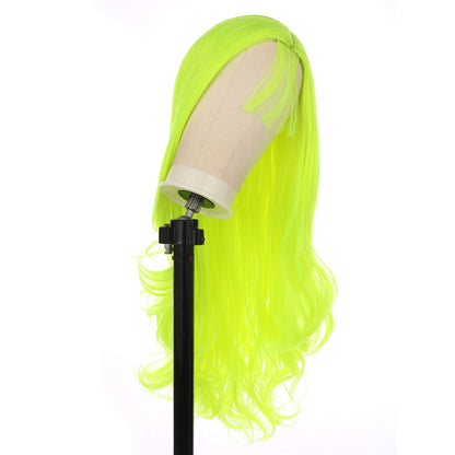Fluorescent Green Synthetic Wigs for Women Soft Green Long Body Wave Hair Wig with Baby Hair Glueless Heat Resistant Fiber Hair for Cosplay Party Use 24 inches