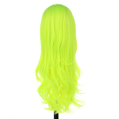 Fluorescent Green Synthetic Wigs for Women Soft Green Long Body Wave Hair Wig with Baby Hair Glueless Heat Resistant Fiber Hair for Cosplay Party Use 24inches
