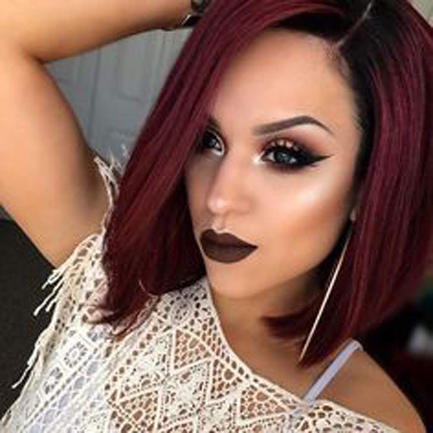 Ombre Wine Red Short Bob Wig Straight Heat-resistant Synthetic Hair 14" Side Parting