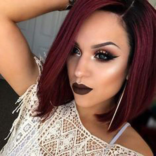 Ombre Wine Red Short Bob Wig Straight Heat-resistant Synthetic Hair 14" Side Parting