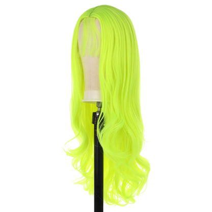Fluorescent Green Synthetic Wigs for Women Soft Green Long Body Wave Hair Wig with Baby Hair Glueless Heat Resistant Fiber Hair for Cosplay Party Use 24 inches