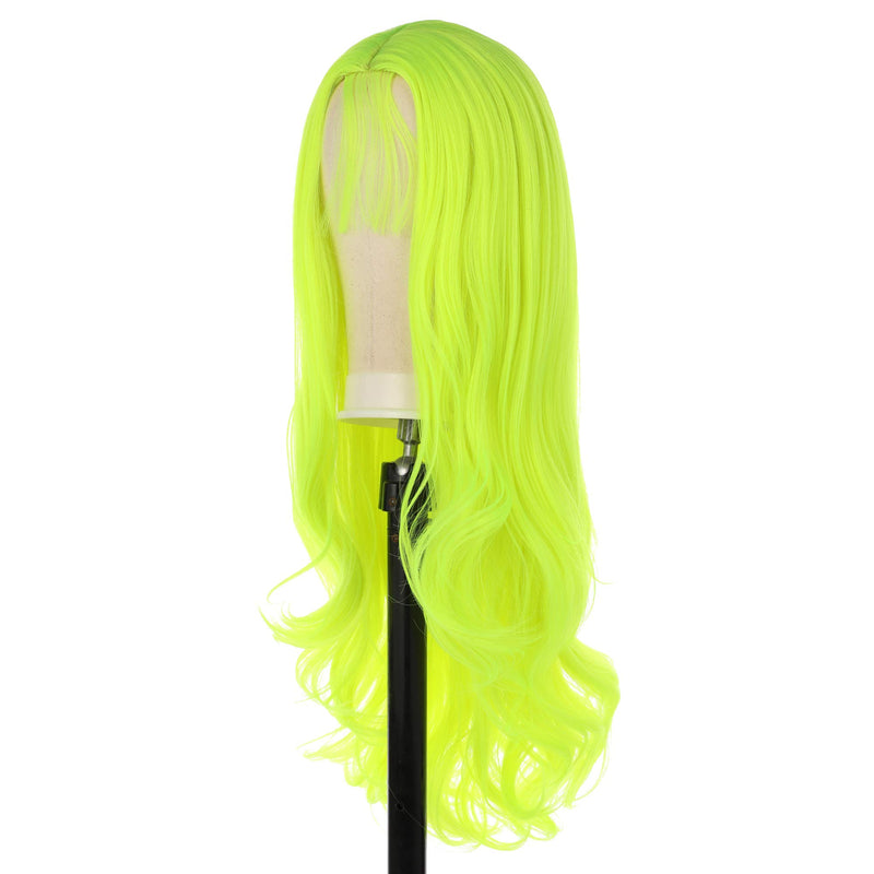 Fluorescent Green Synthetic Wigs for Women Soft Green Long Body Wave Hair Wig with Baby Hair Glueless Heat Resistant Fiber Hair for Cosplay Party Use 24 inches