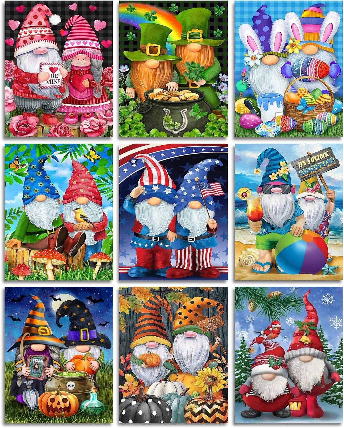 9 Pack Gnome Diamond Art Kits for Adults, DIY 5D Round Full Drill Crafts Diamond dotz Home Wall Decor Gifts (12x16inch)