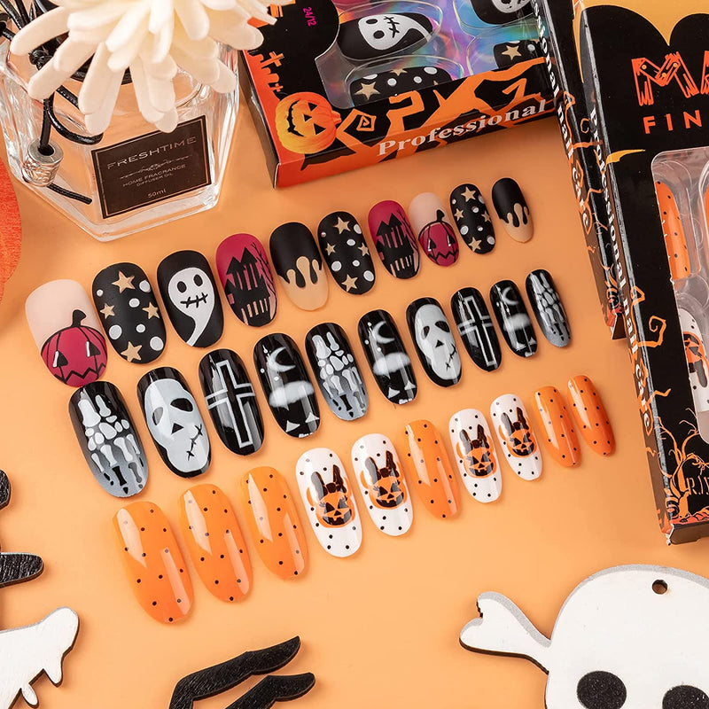Halloween Press on Nails, Gothic Skull Cross Black False Nails Orange Pumpkins Reusable Glossy Halloween Fake Nail Designs 72 Piece Set