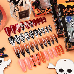 Halloween Press on Nails, Gothic Skull Cross Black False Nails Orange Pumpkins Reusable Glossy Halloween Fake Nail Designs 96 Piece Set
