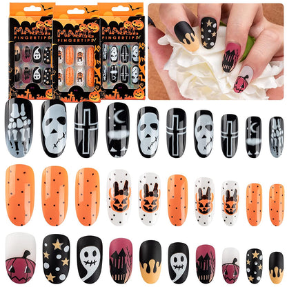 Halloween Press on Nails, Gothic Skull Cross Black False Nails Orange Pumpkins Reusable Glossy Halloween Fake Nail Designs 72 Piece Set