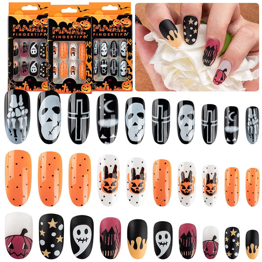 Halloween Press on Nails, Gothic Skull Cross Black False Nails Orange Pumpkins Reusable Glossy Halloween Fake Nail Designs 72 Piece Set