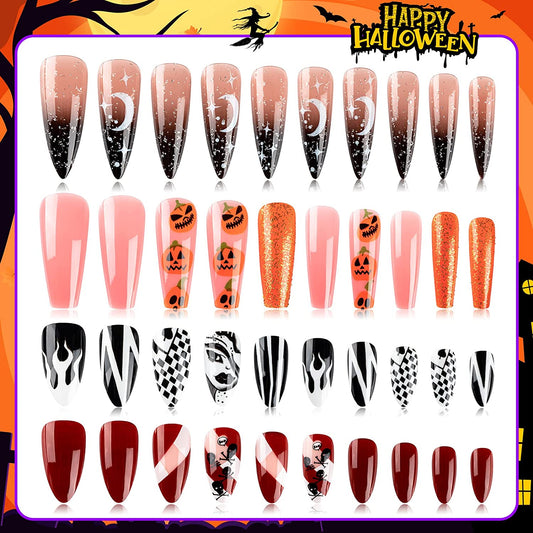 Halloween Press on Nails, Gothic Skull Cross Black False Nails Orange Pumpkins Reusable Glossy Halloween Fake Nail Designs 96 Piece Set