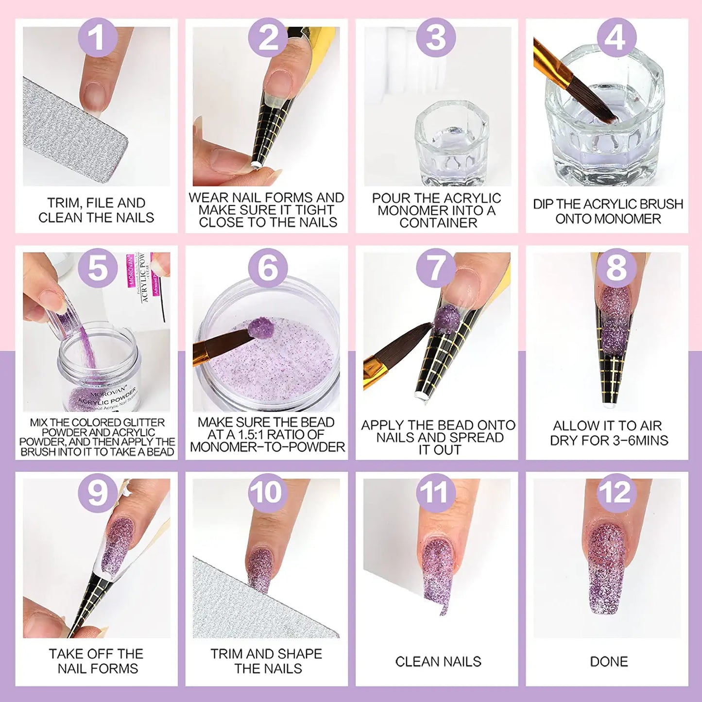 Acrylic Nail Kit - Glitter Acrylic Powder Set with Everything Professional Acrylic Nail Powder Set for Nails Supplies Acrylic Brushes Nail Tips Nail Art Decoration Tools DIY Nail Extension Kit for Starter