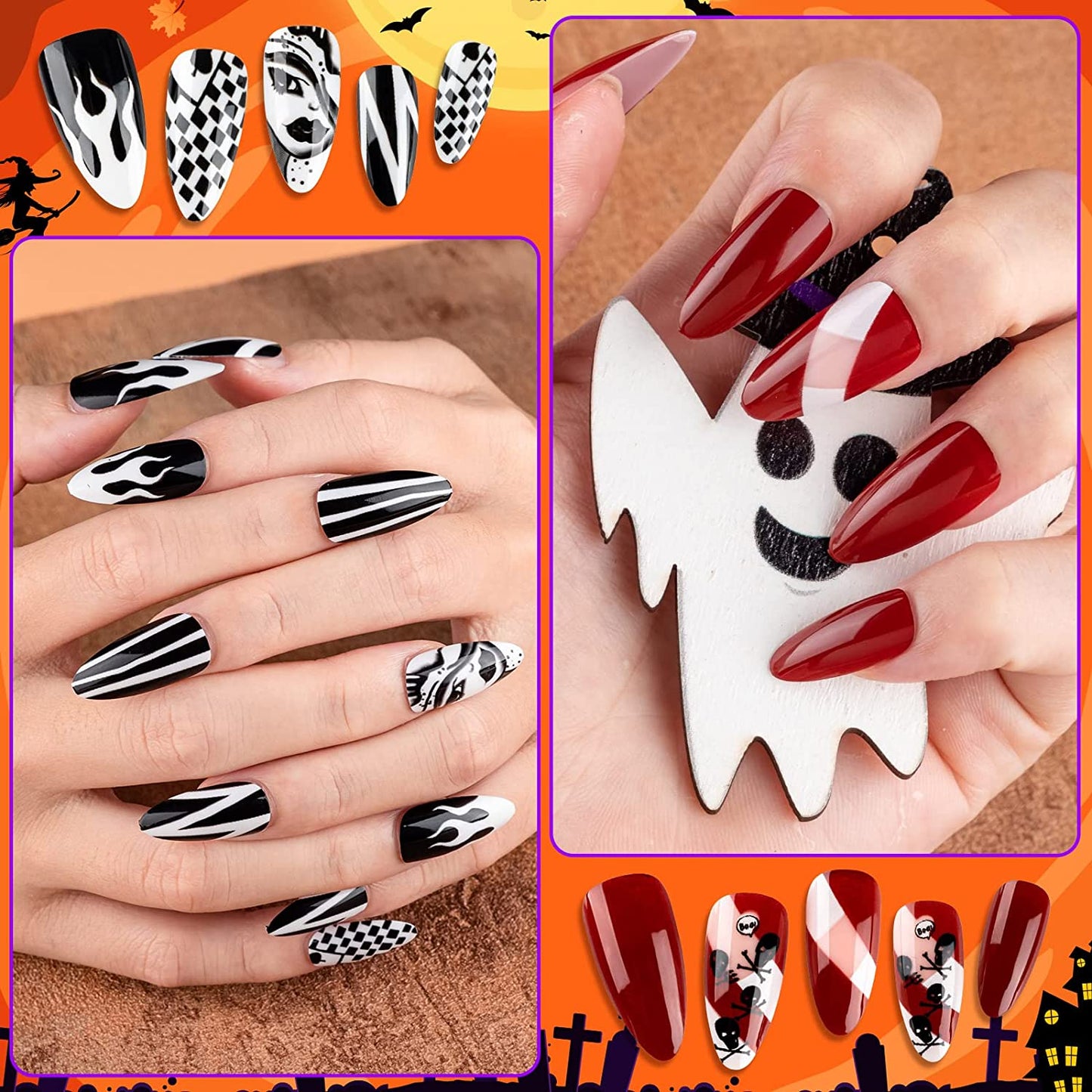 Halloween Press on Nails, Gothic Skull Cross Black False Nails Orange Pumpkins Reusable Glossy Halloween Fake Nail Designs 96 Piece Set