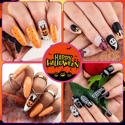 Halloween Press on Nails, Gothic Skull Cross Black False Nails Orange Pumpkins Reusable Glossy Halloween Fake Nail Designs 72 Piece Set