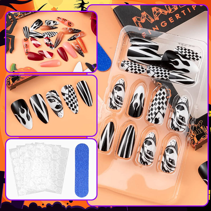 Halloween Press on Nails, Gothic Skull Cross Black False Nails Orange Pumpkins Reusable Glossy Halloween Fake Nail Designs 96 Piece Set