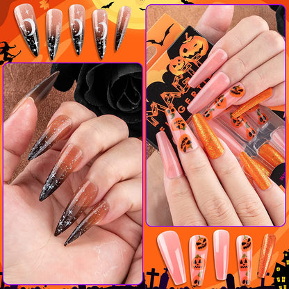 Halloween Press on Nails, Gothic Skull Cross Black False Nails Orange Pumpkins Reusable Glossy Halloween Fake Nail Designs 96 Piece Set
