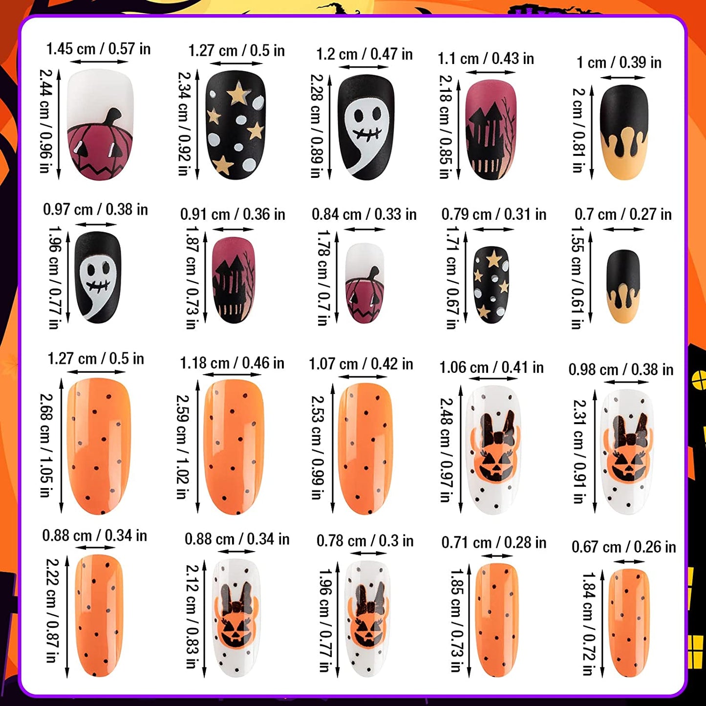 Halloween Press on Nails, Gothic Skull Cross Black False Nails Orange Pumpkins Reusable Glossy Halloween Fake Nail Designs 72 Piece Set
