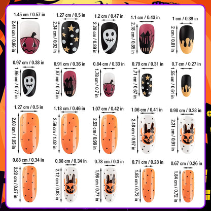 Halloween Press on Nails, Gothic Skull Cross Black False Nails Orange Pumpkins Reusable Glossy Halloween Fake Nail Designs 72 Piece Set