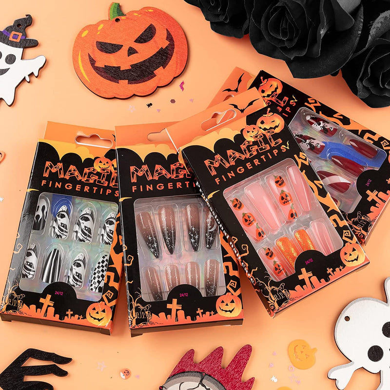 Halloween Press on Nails, Gothic Skull Cross Black False Nails Orange Pumpkins Reusable Glossy Halloween Fake Nail Designs 96 Piece Set