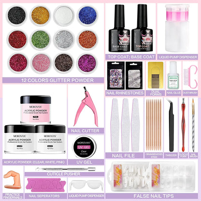 Acrylic Nail Kit - Glitter Acrylic Powder Set with Everything Professional Acrylic Nail Powder Set for Nails Supplies Acrylic Brushes Nail Tips Nail Art Decoration Tools DIY Nail Extension Kit for Starter