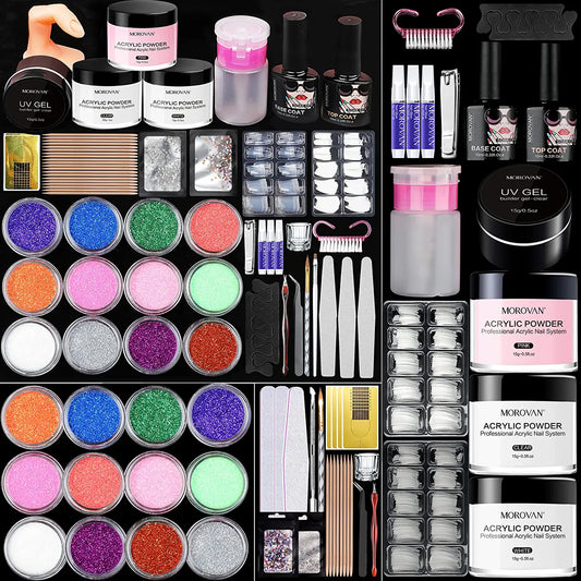 Acrylic Nail Kit - Glitter Acrylic Powder Set with Everything Professional Acrylic Nail Powder Set for Nails Supplies Acrylic Brushes Nail Tips Nail Art Decoration Tools DIY Nail Extension Kit for Starter