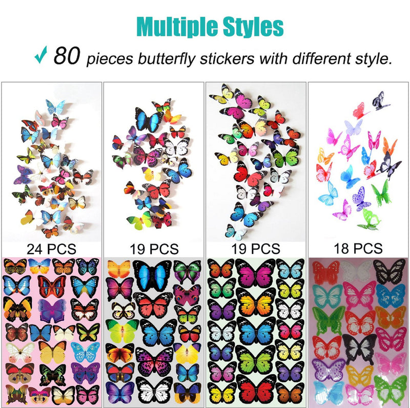 Butterfly Removable 3D Wall Decals X 80 Butterfly stickers 3D Butterflies Wall Decals Child's Room Birthday DIY Project Flower Decorations