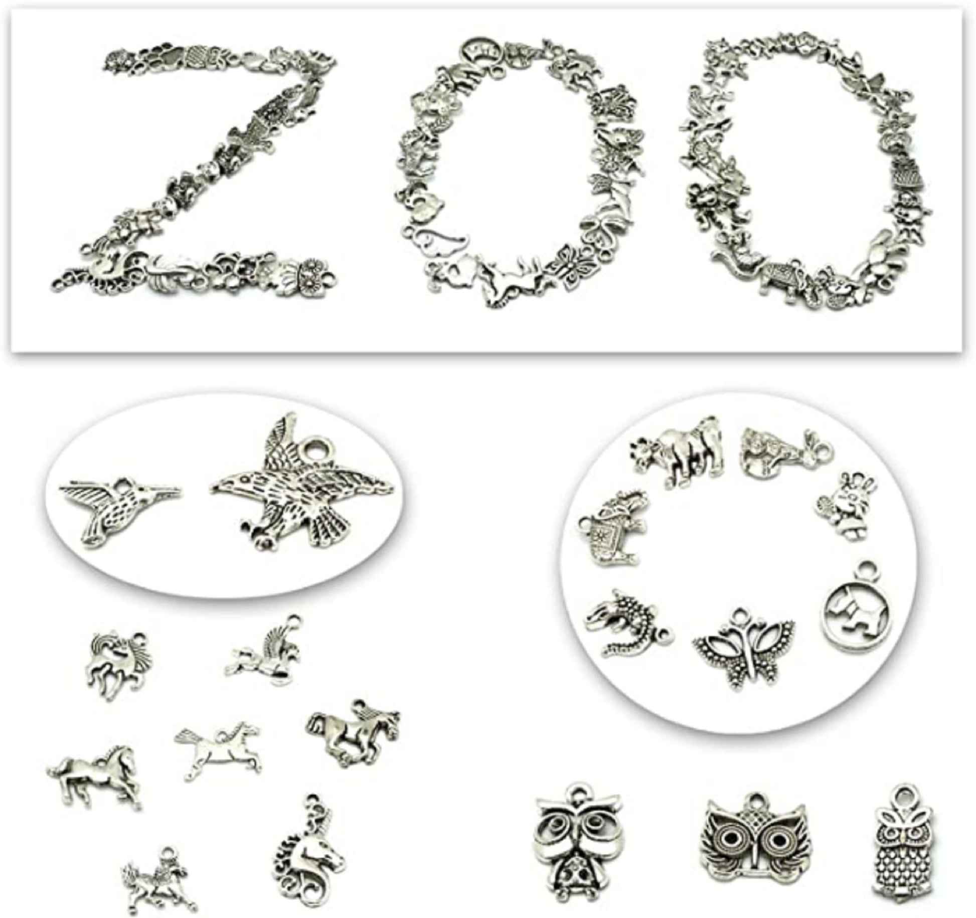 100 Mixed No Repeated Silver Pewter Smooth Metal Charms Pendants DIY for Necklace Bracelet Dangle Jewelry Making and Crafting, Animal Charms