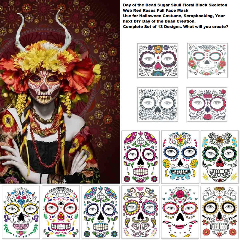 Day of the Dead Sugar Skull Floral Black Skeleton Web Red Roses Full Face Mask Halloween Costume or Dia De Los Muertos Celebration DIY