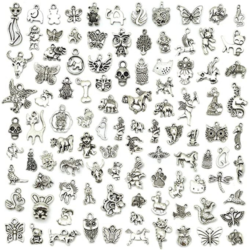 100 Mixed No Repeated Silver Pewter Smooth Metal Charms Pendants DIY for Necklace Bracelet Dangle Jewelry Making and Crafting, Animal Charms