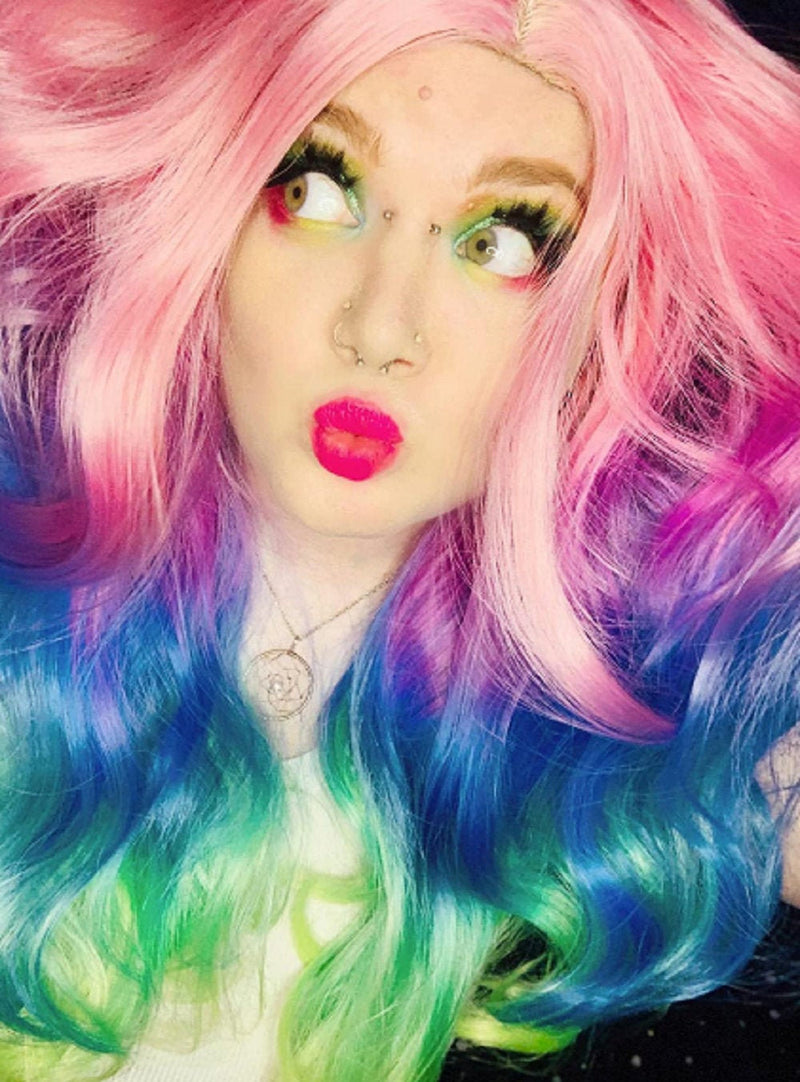 Trendy Wigs Rainbow Unicorn Deep Wave Synthetic 28" Heat Reistant Hot Trending Mermaid Wig