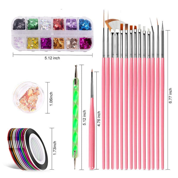Nail Supplies Set, Nail Brushes Polish Kit, Double-Ended Dotting Pens, Butterfly Nail Glitter Sequins, Manicure Tapes, Nail Paillette Foil