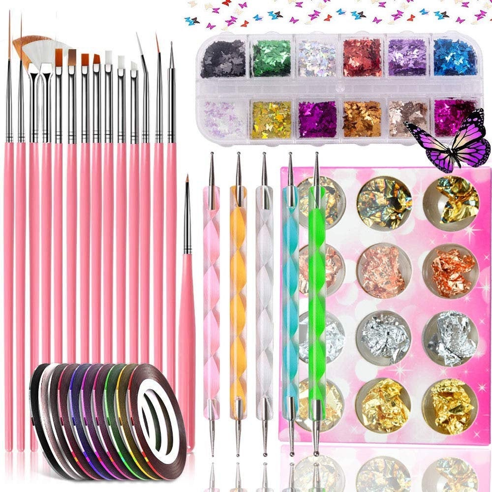 Nail Supplies Set, Nail Brushes Polish Kit, Double-Ended Dotting Pens, Butterfly Nail Glitter Sequins, Manicure Tapes, Nail Paillette Foil