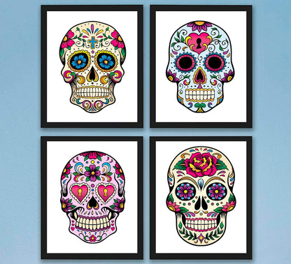 Retro Colorful Mexican Day of The Dead Sugar Skull Flower Sugar Skull Decor 4 Art Prints  8x10 Unframed Mexican Day of The Dead Gift