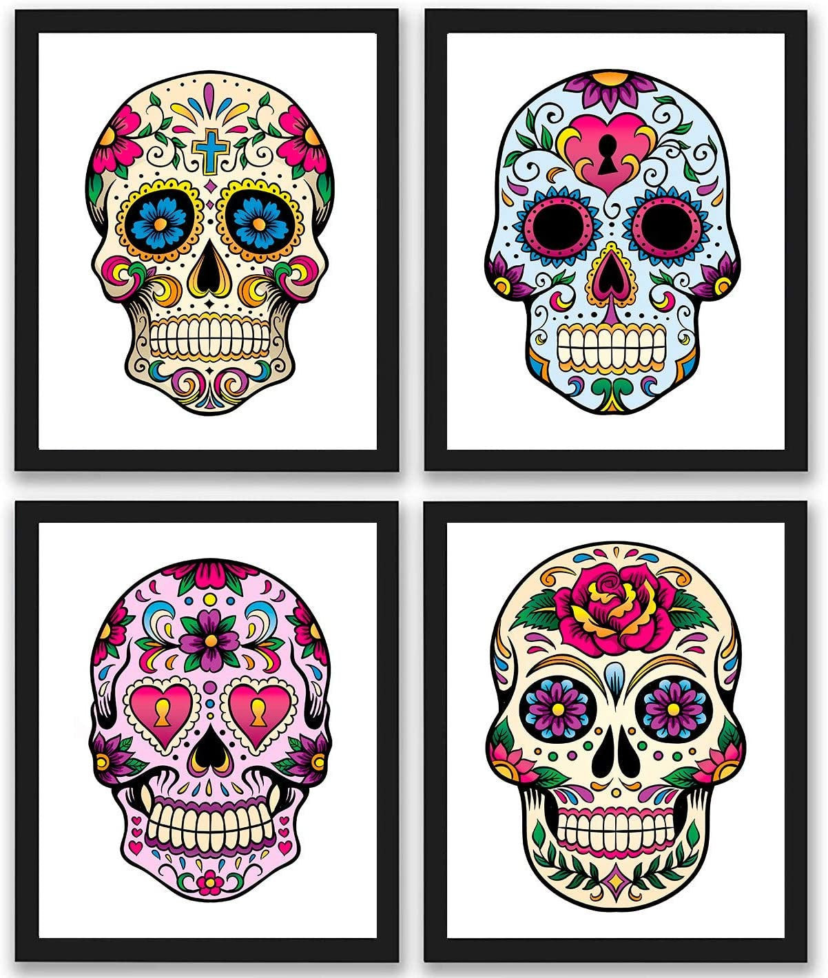 Retro Colorful Mexican Day of The Dead Sugar Skull Flower Sugar Skull Decor 4 Art Prints  8x10 Unframed Mexican Day of The Dead Gift