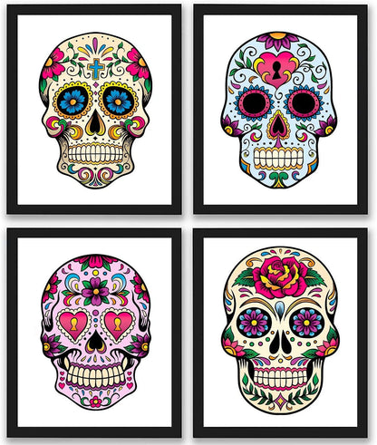 Retro Colorful Mexican Day of The Dead Sugar Skull Flower Sugar Skull Decor 4 Art Prints  8x10 Unframed Mexican Day of The Dead Gift